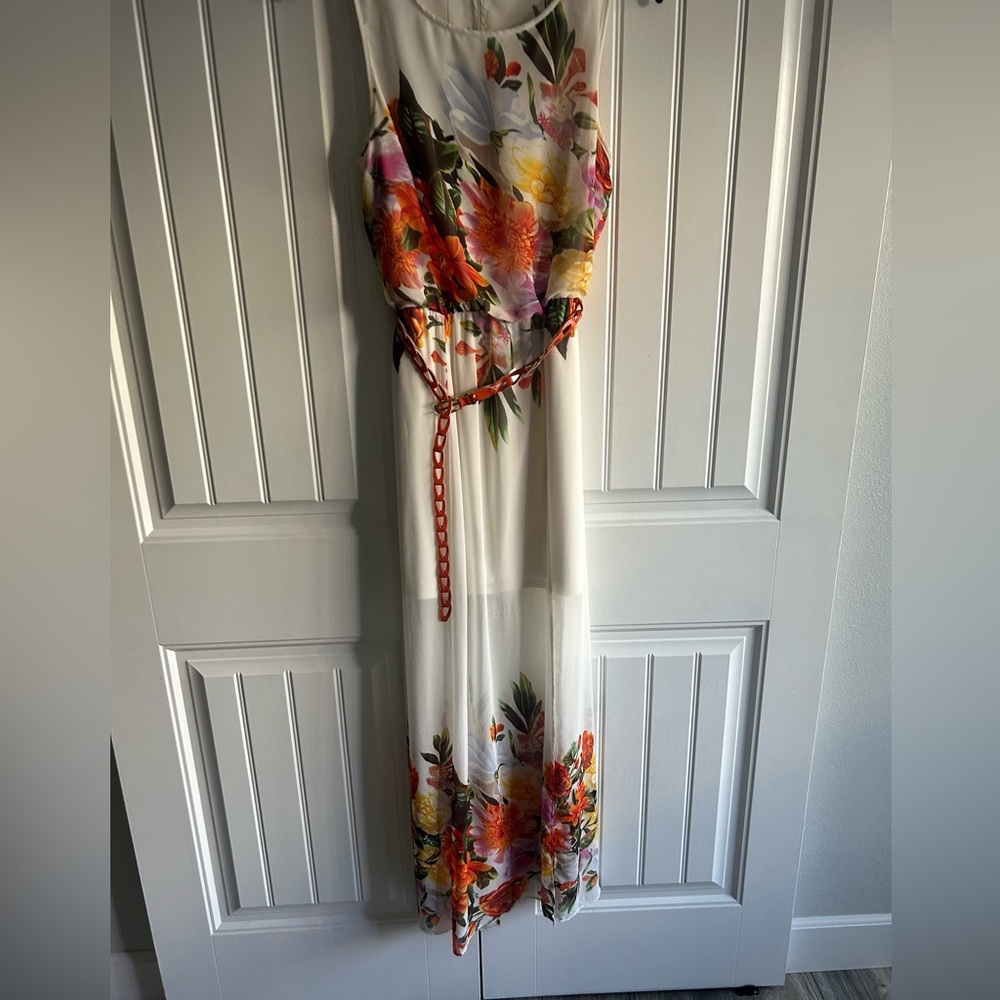 Bisou Bisou White Floral Maxi Dress with Orange & Pink Accents